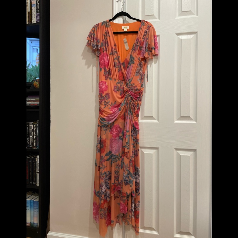 Anthropologie jersey dress with shirring and flutter sleeves. NWT. Large